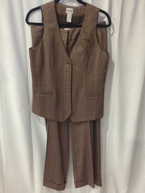 Chico's Brown Pinstripe Vest & Pants Suit with Embroidered Detail